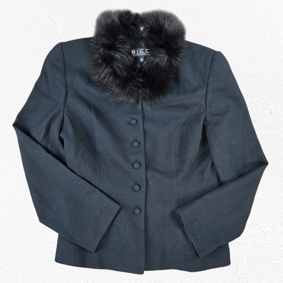 80s Vintage Black Removable Fur Trim Wool Mob Wife Made in USA Jacket Size 10 - Picture 1 of 8